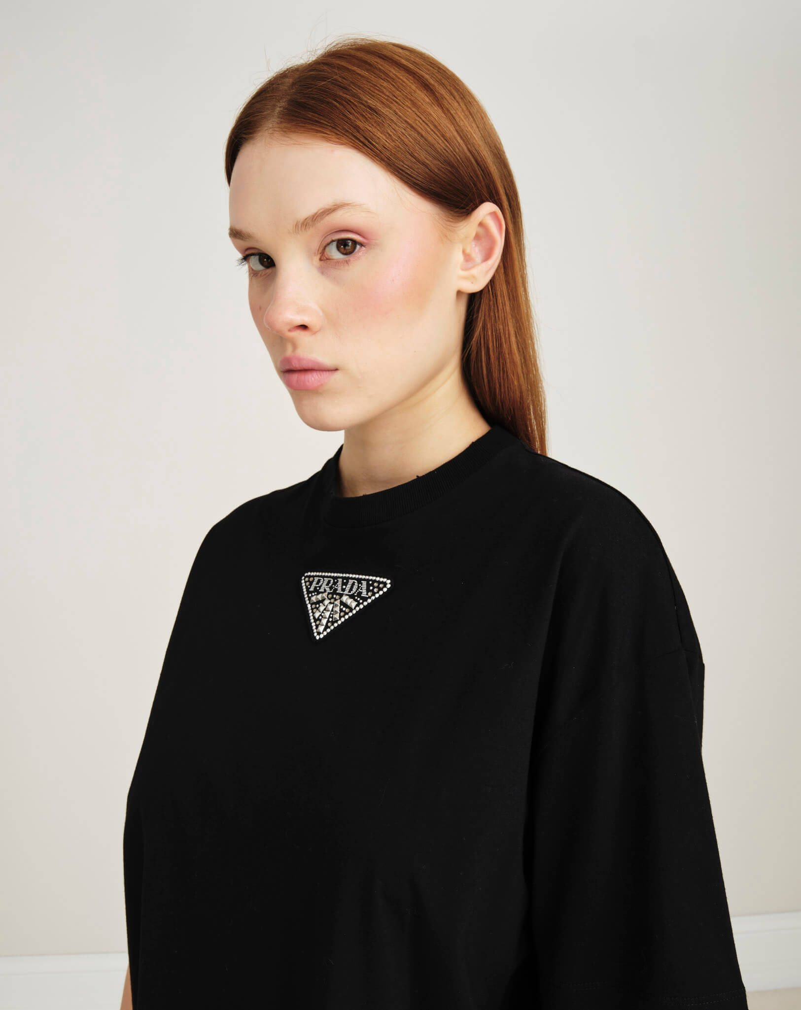 Prada - Embellished Logo Black Tshirt S